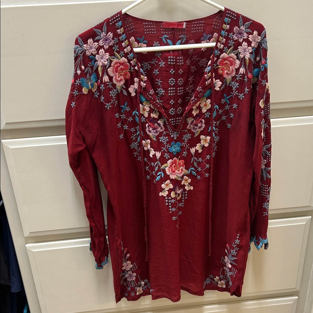 Johnny Was Burgundy Floral Embroidered Blouse
